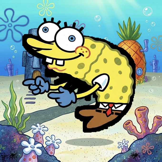 A SpongeBob-inspired cartoon character is fused with a fish-like body featuring SpongeBob's signature yellow porous texture, white shirt, red tie, and brown pants, leaping joyfully through an underwater Bikini Bottom scene complete with a pineapple house, coral, and sea plants. The image visually represents the "Shramp" meme character's energetic, ready-for-action persona, tying into the post's confident declaration of being a dedicated and unmatched meme presence on the Monad blockchain.