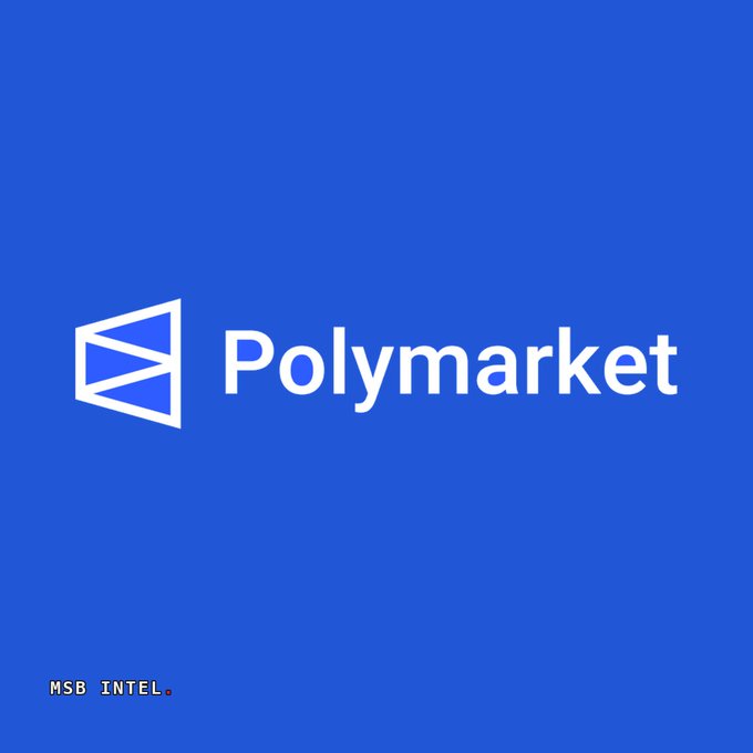 The image displays the Polymarket logo on a blue background, with the tagline "MSB INTEL." in the bottom left corner. It relates to the post by highlighting the prediction platform brand alongside its current $329.9 million total value locked figure, which has declined 5.9% over the past week.