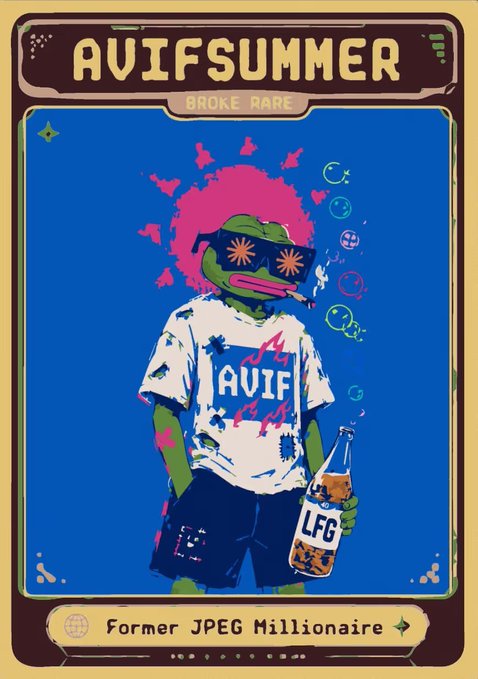 A digital trading card titled "AVIFSUMMER" depicting a green anthropomorphic frog character with pink hair, sunglasses, and a shirt labeled "AVIF Broke Rare," holding a bottle marked "LFG" with the text "Former JPEG Millionaire" at the bottom.