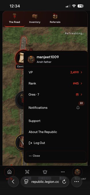 A mobile screenshot from republic.legion.cc showing a user profile menu for 'manjeet1009' (Anah father) with 2,499 VP, Rank #45, and 22 notifications over a game map.