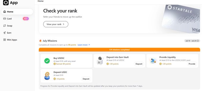 A crypto app dashboard showing 'Check your rank' waitlist section, a STARTALE Visa card, and July Missions including Buy USDC, Deposit into Earn Vault, and Provide Liquidity tasks.