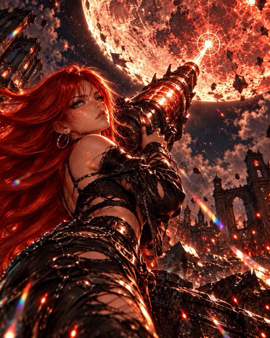 A digital artwork depicts a red-haired woman in dark, textured attire wielding a large mechanical weapon, set against a dramatic backdrop featuring a fragmented moon, a ruined cathedral-like structure, and fiery debris.