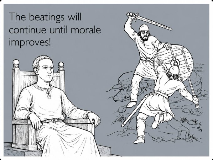 The image features a black and white illustration depicting three men, two sitting and one standing with a shield. The man sitting appears to be wearing a robe or dress, while the other two men are dressed in armor. A caption above the illustration reads "The beatings will continue until morale improves!", suggesting that there is an ongoing battle between these characters.