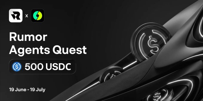 A promotional banner for the "Rumor Agents Quest" partnership between TaskON and Rumor, featuring a dark background with a sleek metallic "S" coin design and offering a 500 USDC reward pool from June 19 to July 19. The accompanying post extends the campaign's end date to August 15 and provides a TaskON link for participation, aligning with the banner's reward announcement.
