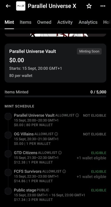 Screenshot of the Parallel Universe X NFT mint page showing eligibility and pricing details, including $0.00 for GTD Citizens allowlist at $12.38 per wallet, $14.86 for FCFS Survivors, and $17.34 for the public stage with a 5,000 supply limit. The image supports the tweet by confirming the user's eligibility and allowing them to max mint the Parallel Universe Vault drop on September 15th.