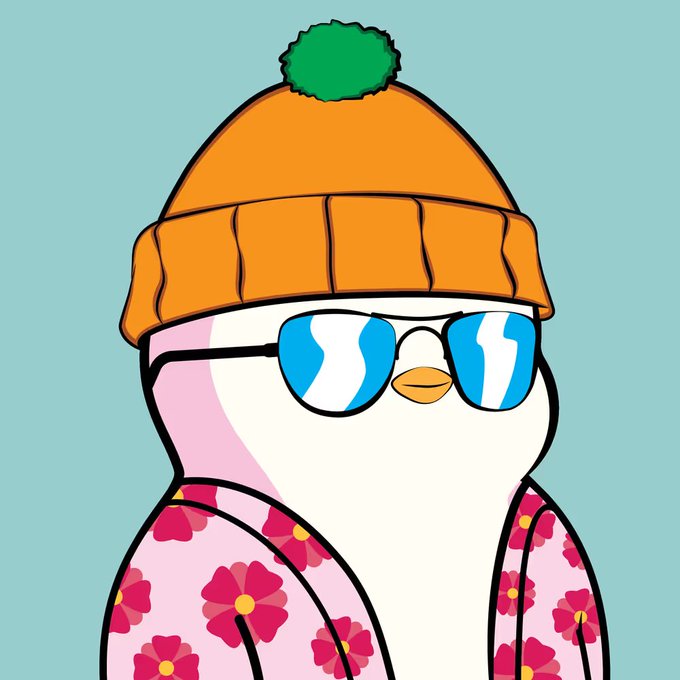Illustration of a penguin character wearing an orange beanie with a green pom-pom, blue reflective sunglasses, and a pink floral Hawaiian shirt.