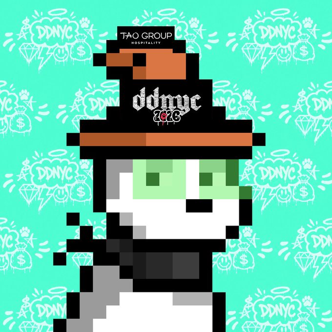 A pixel art character wearing a 'TAO GROUP HOSPITALITY' and 'ddnyc' beanie against a green graffiti background.