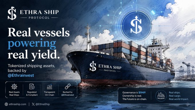 The Ethra Ship Protocol image showcases tokenized shipping assets, highlighting "Real vessels powering real yield" and mentioning @Ethrainvest. The image directly supports the post's premise by illustrating the tangible asset – ships – that underpins Ethra Ship, suggesting its real-world utility beyond just digital tokens.