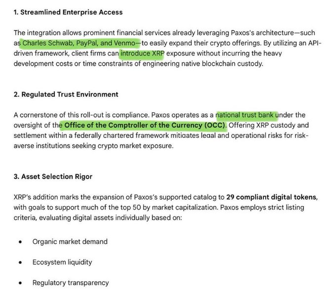 An article discussing Paxos's integration with financial services like Charles Schwab, PayPal, and Venmo for XRP exposure, mentioning OCC oversight and 29 compliant digital tokens.