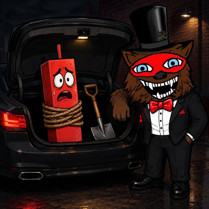 A cartoon illustration of a brown furry character wearing a black top hat, red mask, and tuxedo with a red bowtie, standing next to a car trunk containing a sweating red dynamite-like stick tied with rope and a shovel.