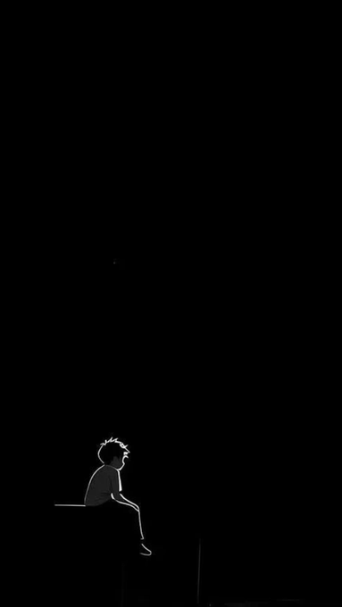 A minimalist black-and-white silhouette illustration of a person with spiky hair sitting alone on the edge of a ledge against a dark background, gazing downward.
