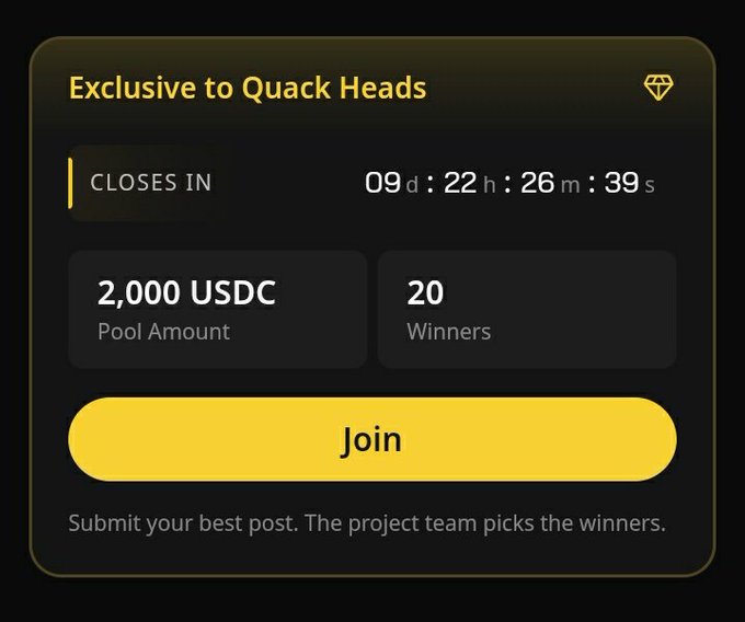 A promotional banner titled 'Exclusive to Quack Heads' showing a countdown of 09d:22h:26m:39s, with a 2,000 USDC pool amount for 20 winners and a yellow Join button.
