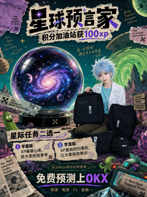 A promotional poster featuring anime-style character Misa, advertising an OKX 'Planet Predictor' event offering 100 XP rewards for predictions on crypto, esports, F1, and finance markets.