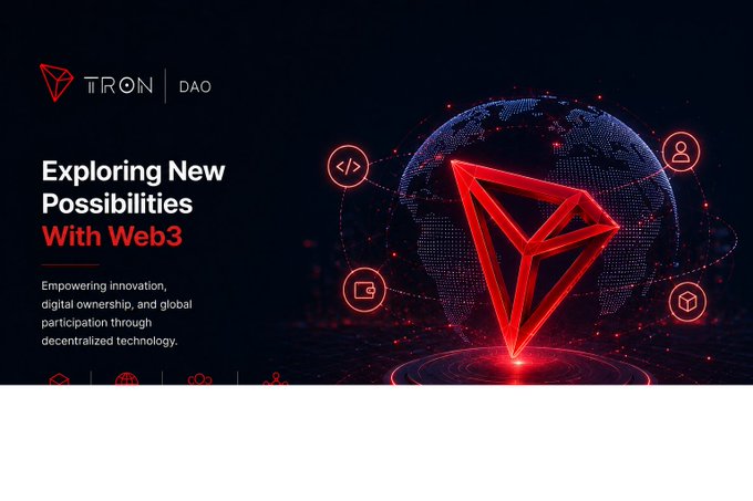 A TRON DAO promotional graphic featuring a glowing red 3D logo over a digital globe, with the text 'Exploring New Possibilities With Web3' and a tagline about empowering innovation through decentralized technology.