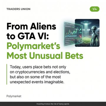 An article preview titled 'From Aliens to GTA VI: Polymarket's Most Unusual Bets' explains that users place bets on cryptocurrencies, elections, and unexpected events, featuring an alien graphic.