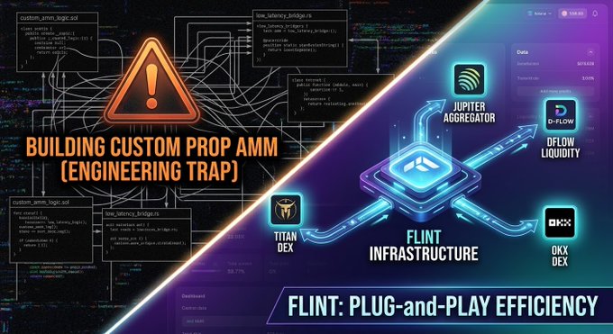 A promotional graphic warning "Building Custom Prop AMM (Engineering Trap)" contrasted with "Flint: Plug-and-Play Efficiency," showing Flint infrastructure connecting Titan DEX, Jupiter Aggregator, DFlow Liquidity, and OKX DEX.