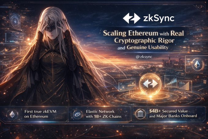 The image displays an advertisement for the Ethereum blockchain platform called zkSync. The main subject of the ad is a woman with long blonde hair wearing a cloak, which seems to be a character from a fantasy or magical world. She is shown standing under a star-filled sky and holding her head over a glowing orb, possibly symbolizing power or knowledge. In the background, there are various icons representing different aspects of Ethereum, including a coin icon, a currency value icon, and an email icon. The text on the ad explains that zkSync is a platform for ethical cryptocurrencies and blockchain technology. It emphasizes how zkSync stands out among other scaling solutions by using real cryptographic rigor and genuine usability.