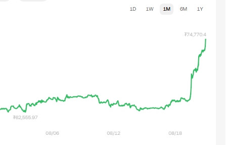 A green line chart showing a 1-month price trend, marked with time intervals 1D, 1W, 1M (selected), 6M, 1Y; values fluctuate from a low of 162,555.97 to a high of 774,770.4, with a sharp upward spike at the end.
