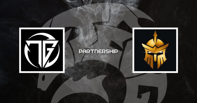 A partnership announcement graphic features two gaming logos—one black and white emblem on the left and a gold knight-style helmet on the right—with "PARTNERSHIP" text in the middle against a smoky dark background.