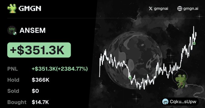 The image shows a GMGN trading profile for user "ANSEM" displaying a profit of +$351.3K (a +2384.77% gain) with holdings worth $366K, sold $0, and bought $14.7K. It serves as social proof of trading success, likely shared to attract engagement for a $15 SOL giveaway promotion.