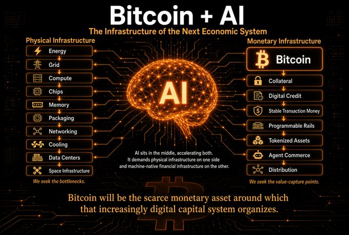 An infographic titled 'Bitcoin + AI: The Infrastructure of the Next Economic System' shows AI connecting to physical infrastructure (Energy, Grid, Compute) and monetary infrastructure (Bitcoin, Collateral, Digital Credit).