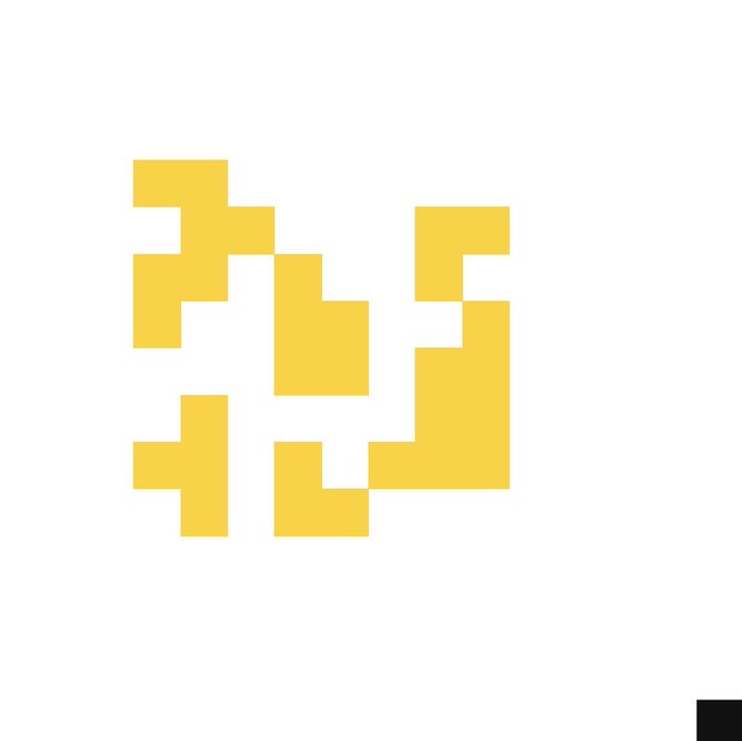 A yellow pixel-art or mosaic-style graphic forming abstract shapes that resemble letters or symbols on a white background.