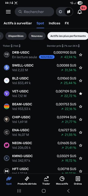 French-language cryptocurrency exchange app screen (likely Binance) showing spot markets ('Actifs à surveiller') with top performers including DRB-USDC (+43.94%), SWELL-USDC (+31.34%), BLZ-USDC (+25.44%), VET-USDC (+22.72%), BEAM-USDC (+22.16%), CHIP-USDC (+21.77%), ENA-USDC (+21.55%), NEON-USDC (+21.41%), KMNO-USDC (+19.72%), and HFT-USDC.