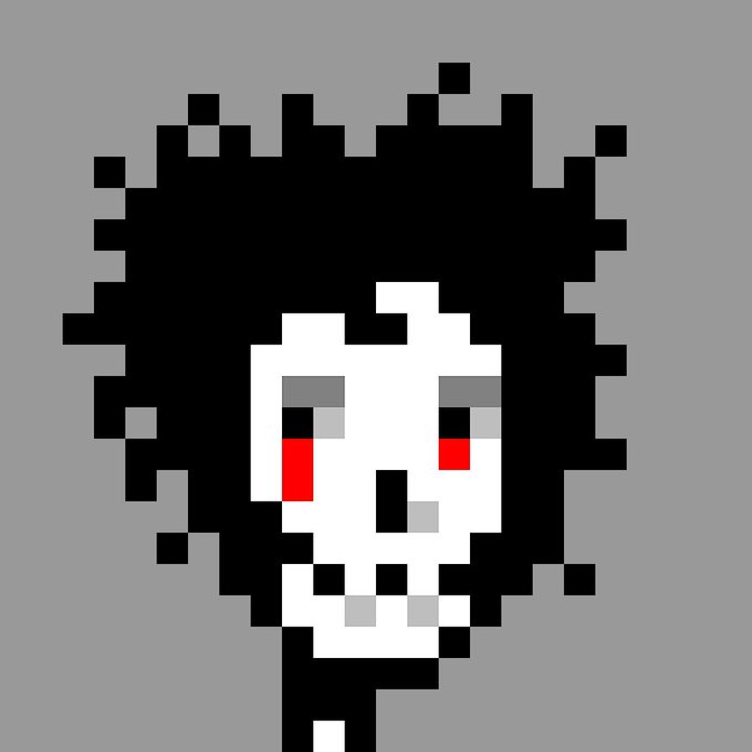A pixel art skull with black, spiky hair and glowing red eyes set against a gray background.