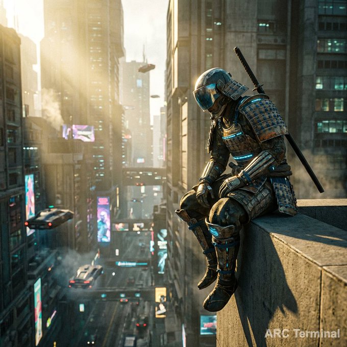 A futuristic samurai in cybernetic armor sits on a rooftop overlooking a neon-drenched cyberpunk cityscape with flying vehicles and holographic billboards, evoking themes of vigilant oversight and the fusion of tradition with technology. The text "ARC Terminal" appears in the lower right, visually reinforcing the post's message about an AI system that embodies both powerful intelligence and trustworthy, private execution—much like the lone warrior watching over the city below.