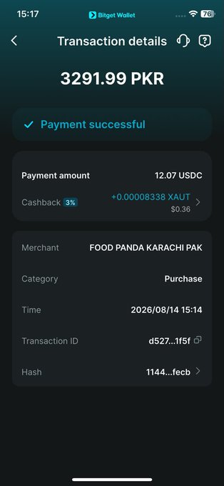 A screenshot from the 'Bitget Wallet' app shows a 'Transaction details' screen confirming a successful payment of '3291.99 PKR' to merchant 'FOOD PANDA KARACHI PAK' for 12.07 USDC, with a cashback of +0.00008338 XAUT.