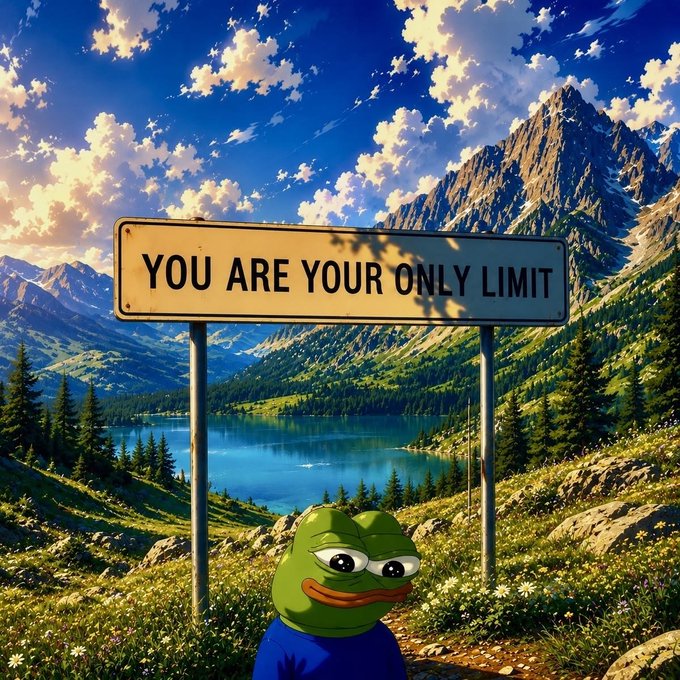 A determined Pepe the Frog stands beneath a road sign reading "YOU ARE YOUR ONLY LIMIT," set against a scenic mountain lake backdrop. The image visually reinforces the post's message about self-imposed limits and leveling up, suggesting that breaking past personal boundaries is the key to growth.