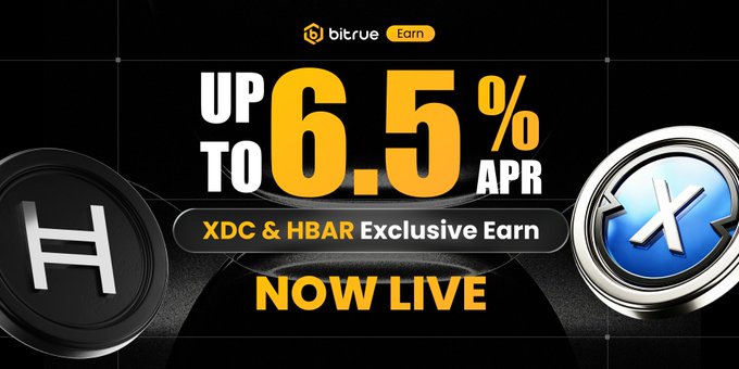 A Bitrue promotional banner advertises up to 6.5% APR on an exclusive earn program for XDC and HBAR, featuring the Bitrue Earn logo and stylized 3D renderings of both cryptocurrency coins against a dark background.