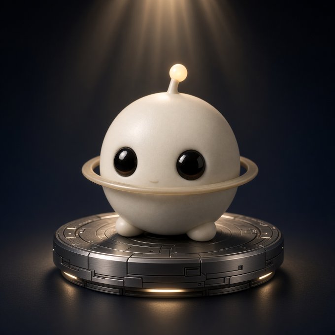 A cute, round white 3D character with big black eyes and a small antenna stands on a metallic circular platform under a dramatic spotlight against a dark background.