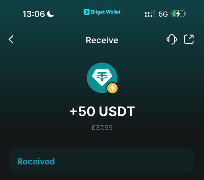 The image features a green screen displaying a notification for a new payment of $50 USDT, which was recently accepted by the Bittet Wallet app. The title reads "received", indicating that the transaction has been confirmed. A blue circle with an envelope symbol is located at the top left corner and a yellow coin in the middle is situated on the right side of the screen.