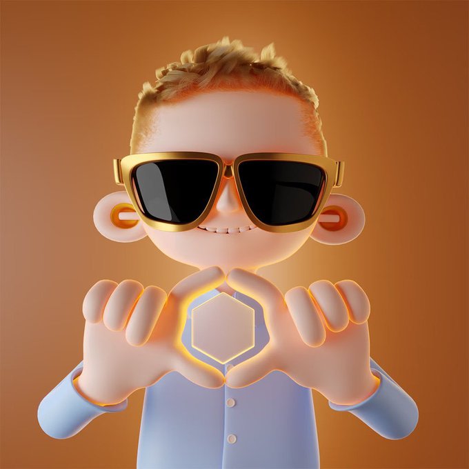 A 3D-rendered cartoon character with blonde hair and gold sunglasses makes a heart shape with his hands against an orange background.