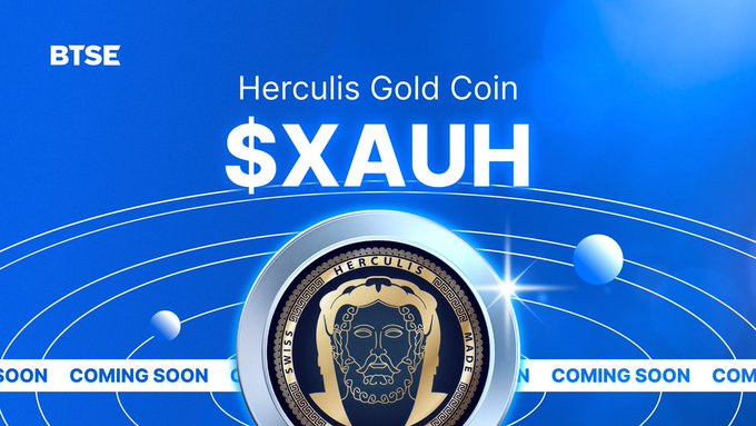 The image features a blue background with white text that reads "Herculis Gold Coin $XAUH" and "USDT Deposits: 9 AM (UTC+0), June 5 Trading: 8 AM (UTC+0), June 8". The text also mentions that the coin is coming to BTSE soon, which suggests that it might be a new listing or an upcoming event related to the coin.