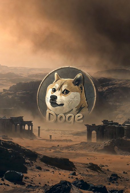 A cracked Dogecoin-style coin featuring a Shiba Inu face and the text 'Doge' floats in the air above a dusty, post-apocalyptic desert landscape filled with ancient ruins.