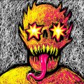 A small pixel art/grunge-style illustration of a yellow monstrous face with star-shaped eyes and a protruding pink tongue against a textured gray background.