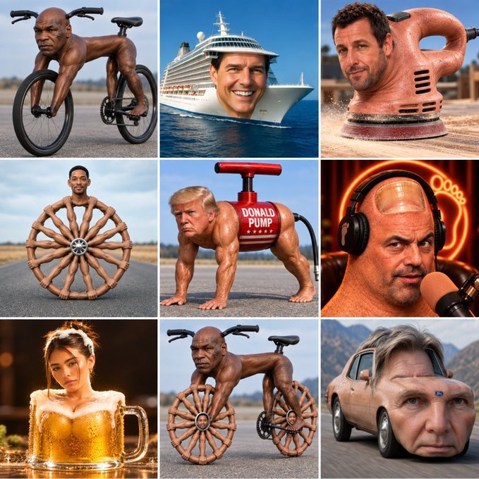 A 3x3 grid of surreal AI-generated images showing various figures—including Donald Trump and others—merged with objects like a bicycle, cruise ship, power tools, wheel, beer mug, and car. One panel reads "DONALD PUMP," referencing crypto slang, humorously visualizing the volatile and absurd "state of Solana" in meme form.