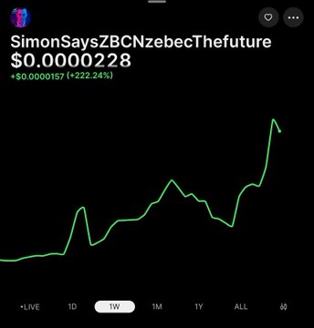 CoinGecko-style price chart for the meme token "SimonSaysZBCNzebecThefuture" priced at $0.0000228, showing a +222.24% gain with a green 1-week trend line.