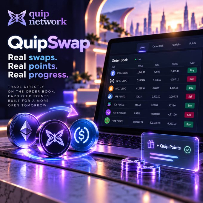 An advertisement for 'quip network' promotes 'QuipSwap' with the tagline 'Real swaps. Real points. Real progress.' showing a laptop displaying an order book with crypto pairs like ETH/USDC, OFT/USDC, and BTC/USDC.