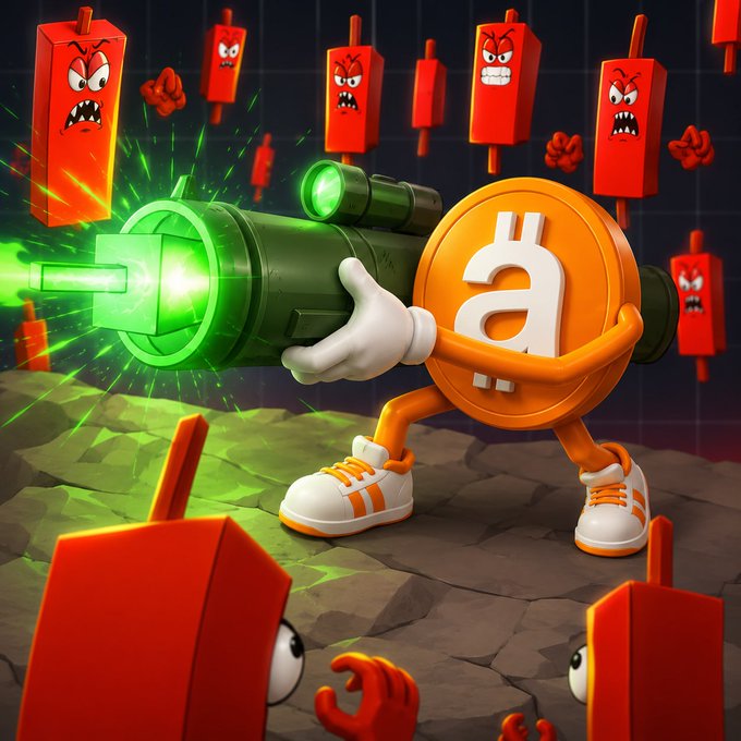A 3D-rendered cartoon Bitcoin coin wearing white and orange sneakers fires a large green energy cannon at menacing red dynamite stick characters with angry faces in a dark, grid-patterned environment.