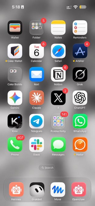 An iPhone home screen displays numerous app icons, including Wallet, Folder, Notes, Reminders, Cake Wallet, Calendar, Safari, App Store, Notion, Grok, Gemini, Claude, X, ChatGPT, Kimi, Telegram, WhatsApp, Phone, Slack, Messages, and Hermes, Grokbot, Muse, and Openclaw in the dock.