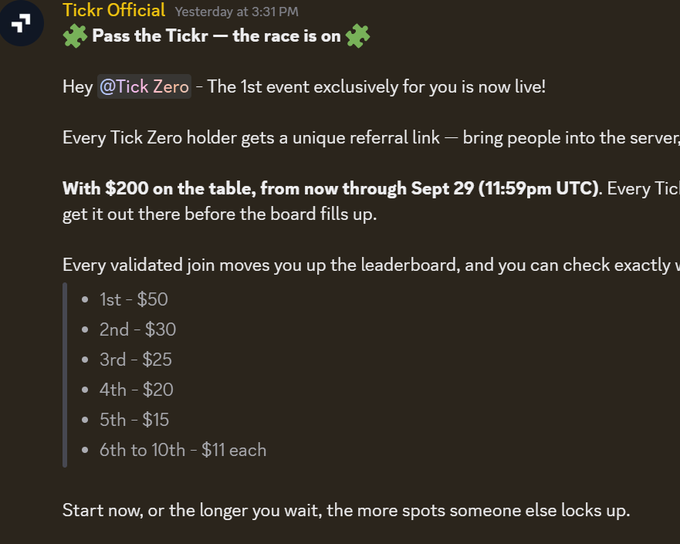 A Discord announcement from Tickr Official titled "Pass the Tickr — the race is on" offering rewards up to $200, with a leaderboard breakdown including 1st - $50, 2nd - $30, 3rd - $25, 4th - $20, 5th - $15, and 6th to 10th - $11 each.