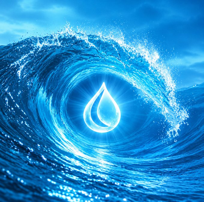 A vibrant blue image showing a stylized glowing water droplet at the center of a swirling ocean wave, with bright sunlight radiating from behind it.