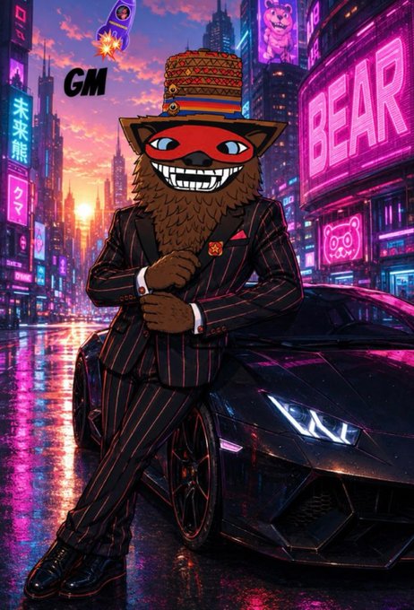 An AI-generated cyberpunk illustration of a brown bear mascot wearing a striped beanie, red mask, and pinstripe suit leaning against a sports car in a neon city street with 'BEAR' and 'GM' signs visible.