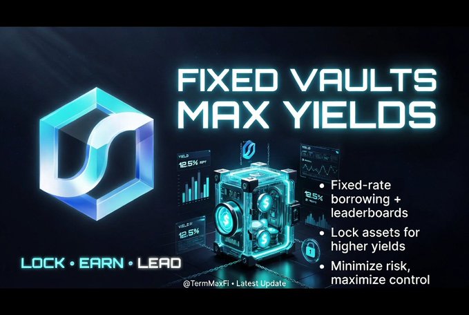 The image features a blue cube with a white logo that says " Fixed Vaults Max Yields" written on it. The cube has a lock on one side, which could be used for securing the vaulted assets inside. The background of the image is dark and black, making the vibrant colors of the cube stand out even more.