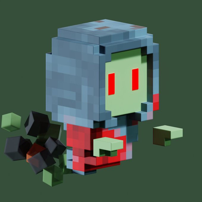 A 3D voxel/pixel art rendering of a zombie-like character with a blue blocky head, glowing red eyes, and a red torso, shown with floating cube debris around it against a green background.