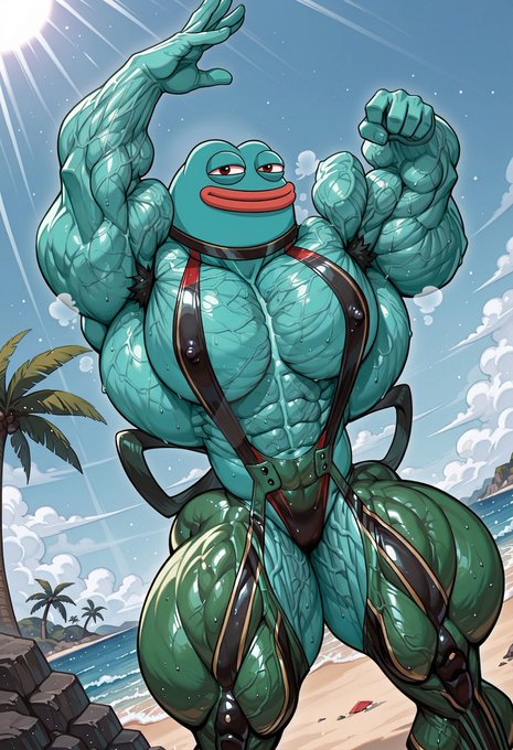 A muscular, anthropomorphic Pepe the Frog character in a posing stance wears a black leather harness against a tropical beach background.