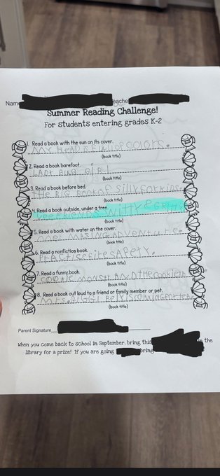 A 'Summer Reading Challenge' worksheet for students entering grades K-2, with handwritten book titles in each blank line and some information redacted with black marker.